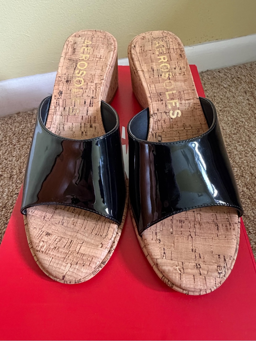 Franco Sarto Black Patent Cork Wedge Slides